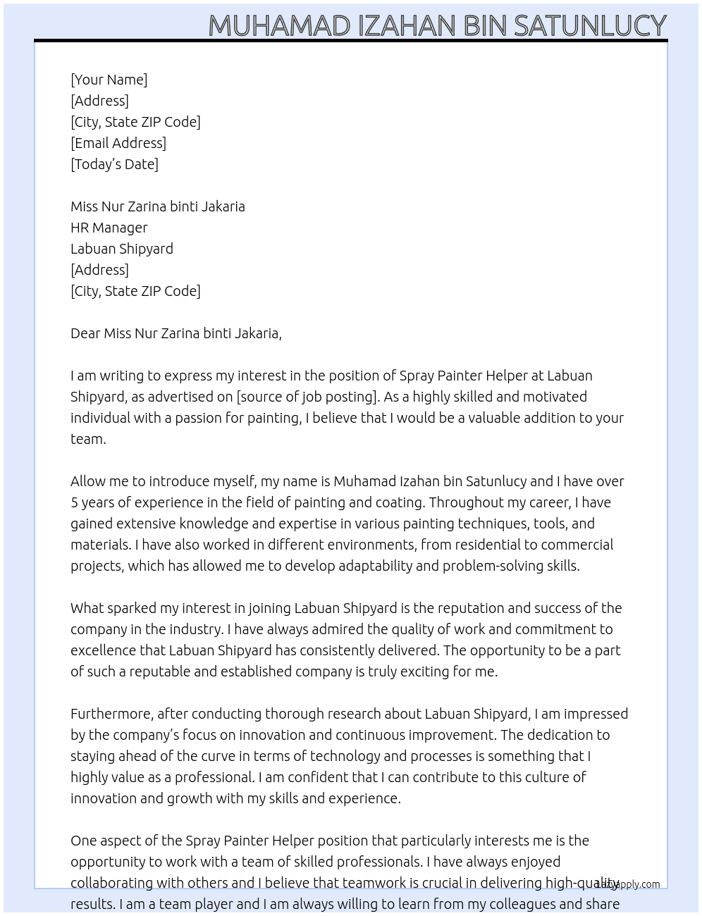 Spray Painter Helper At Labuan Shipyard Cover Letter