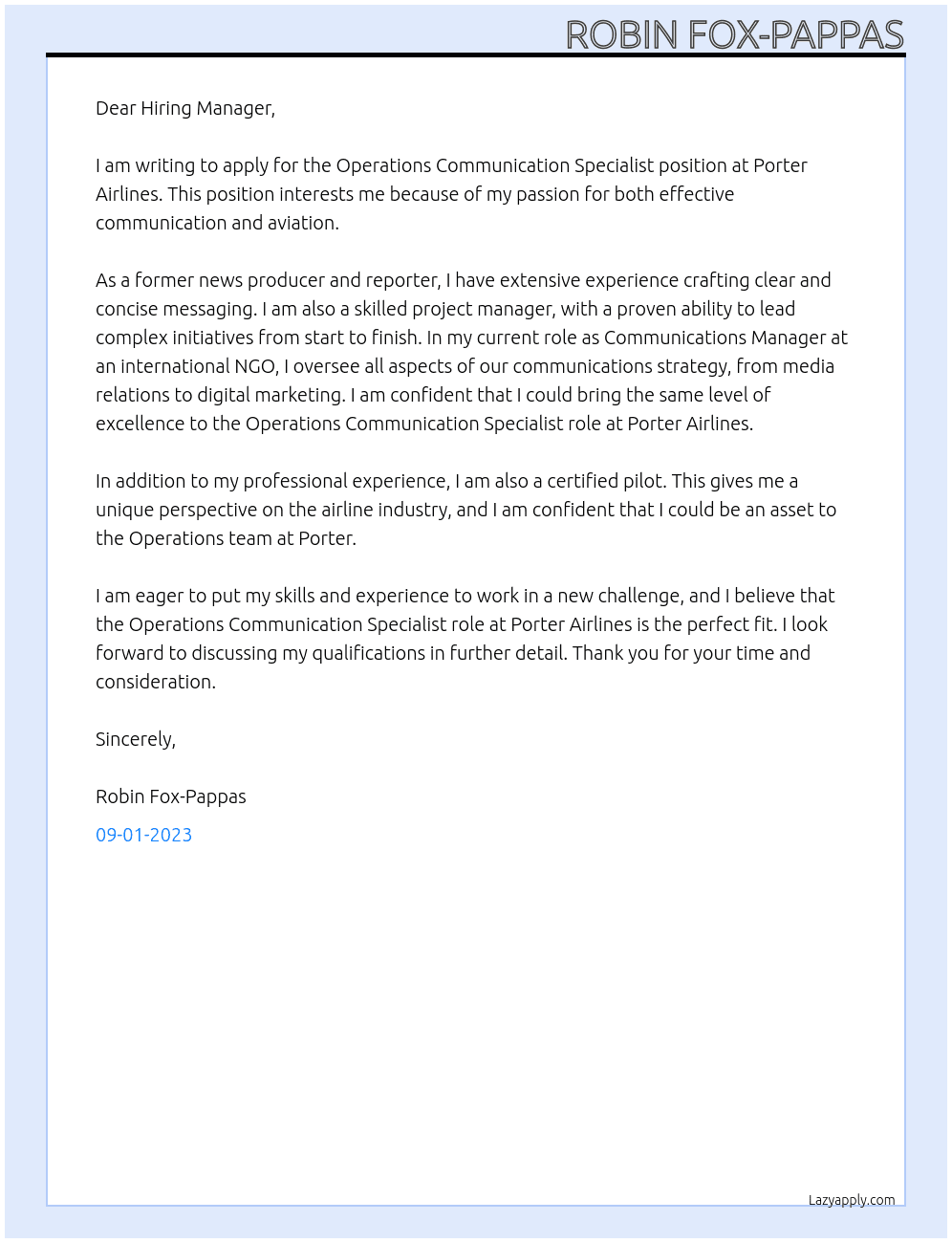 Operations communication specialist  At Porter Airlines Cover Letter