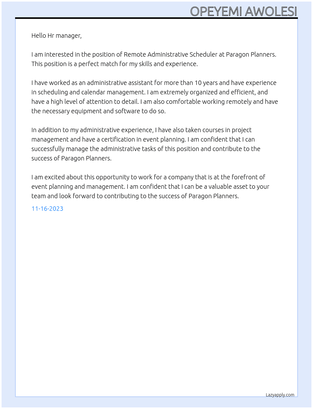Remote Administrative Scheduler At Paragon planners Cover Letter