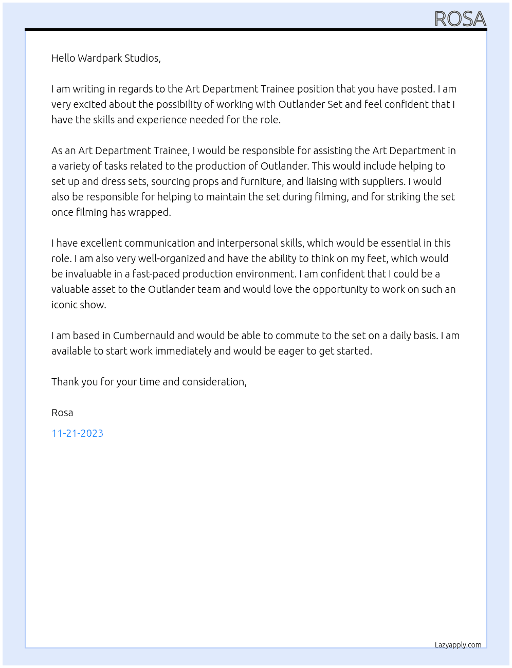 Art Department Trainee At Outlander Set  Cover Letter