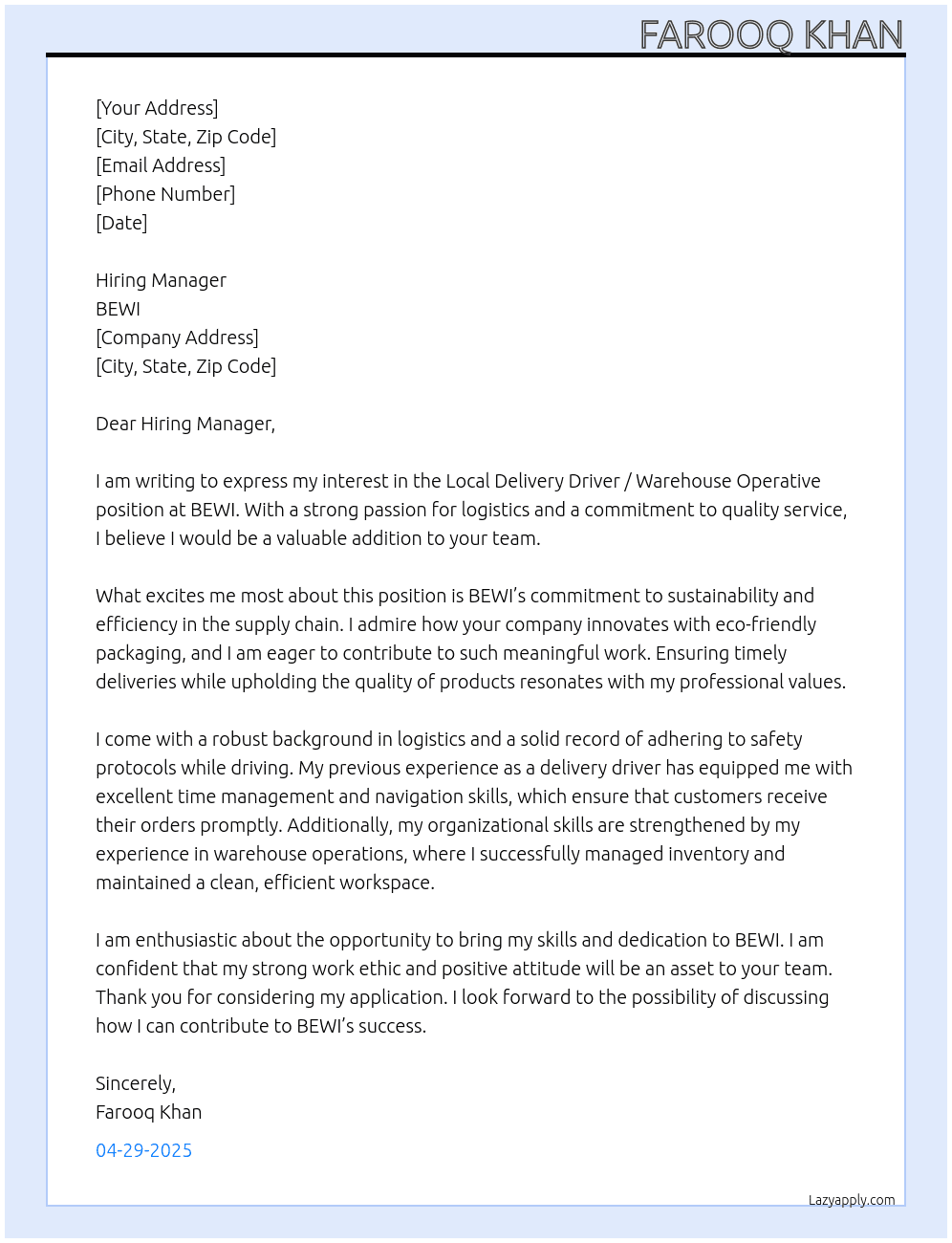 Local Delivery Driver / Warehouse Operative At BEWI Cover Letter