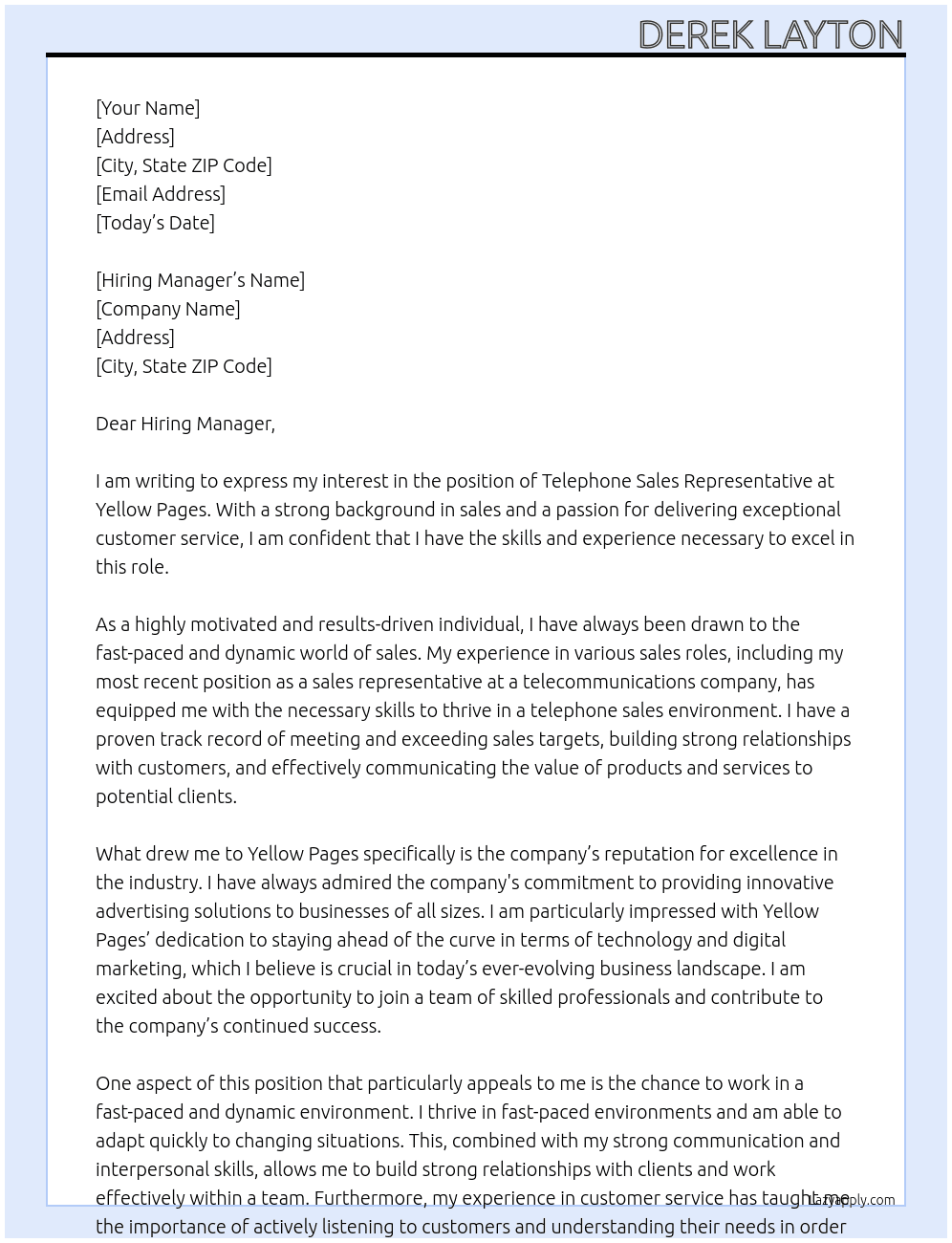 telephone sales representative At Yellow Pages Cover Letter