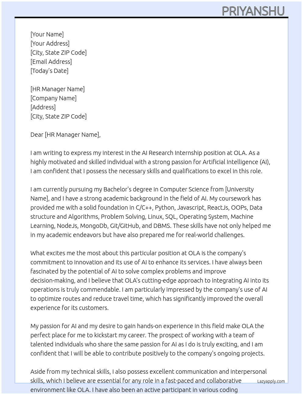 AI Research Internship  At OLA Cover Letter