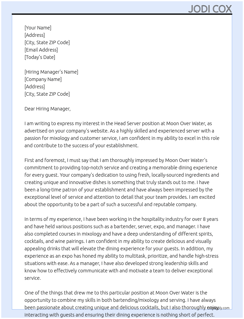 Head Server At Moon Over Water Cover Letter