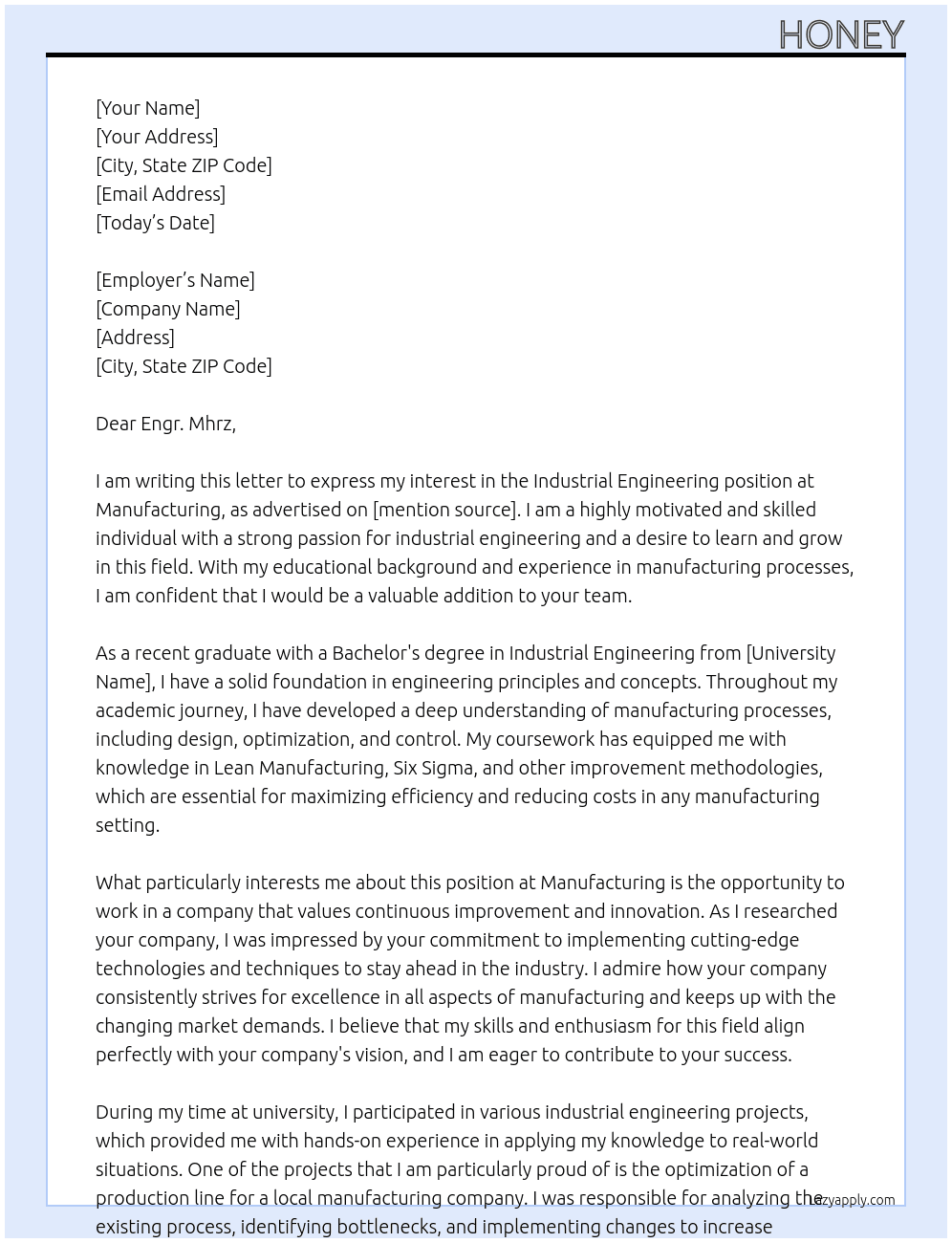 Industrial Engineering  At Manufacturing  Cover Letter