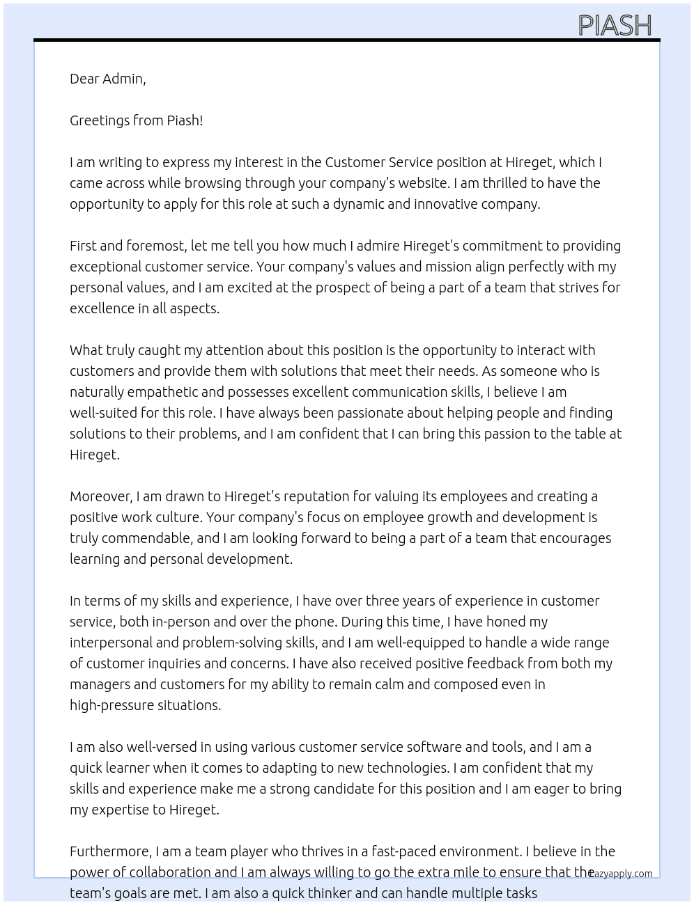 Customer service  At Hireget Cover Letter