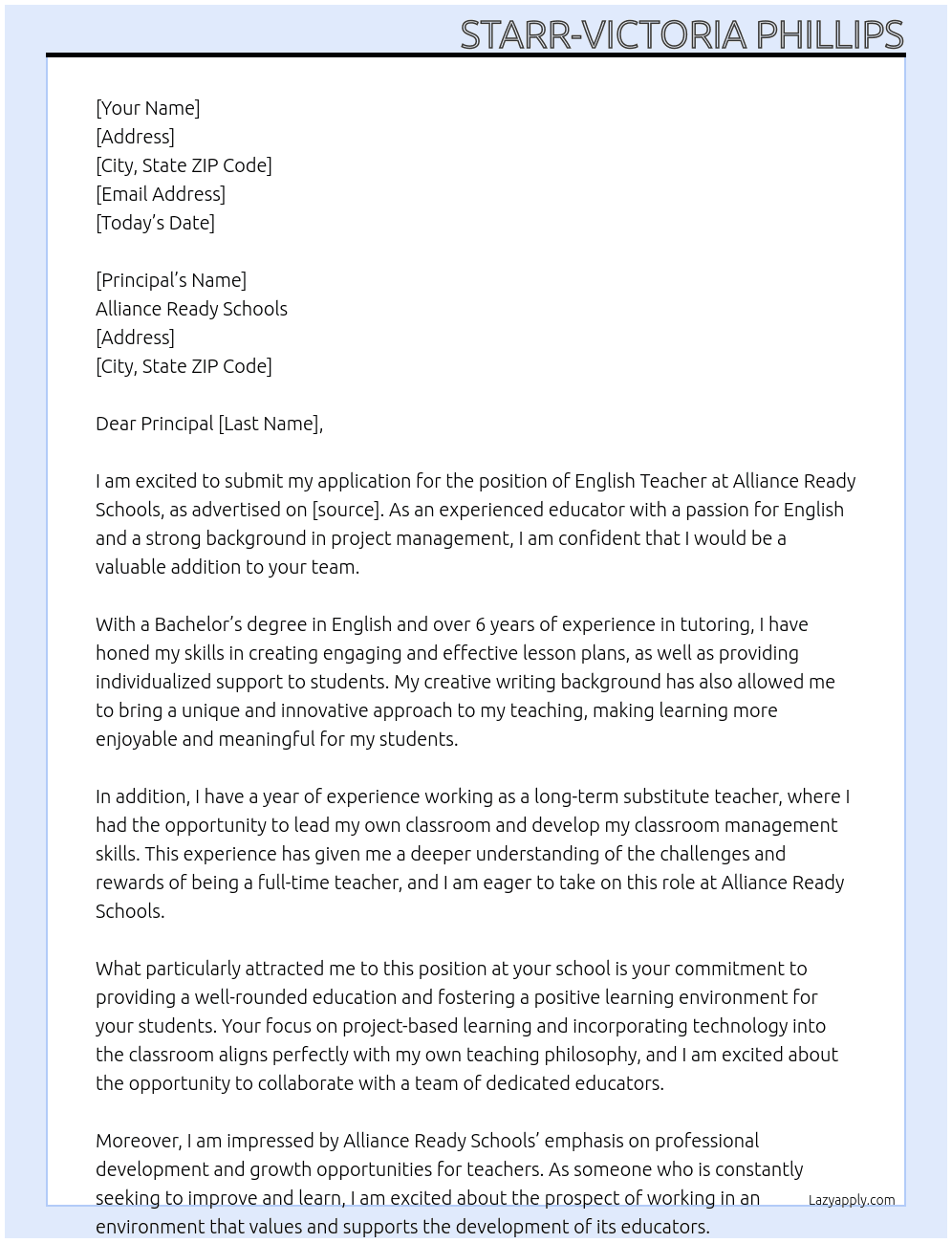 English Teacher  At Alliance Ready Schools Cover Letter