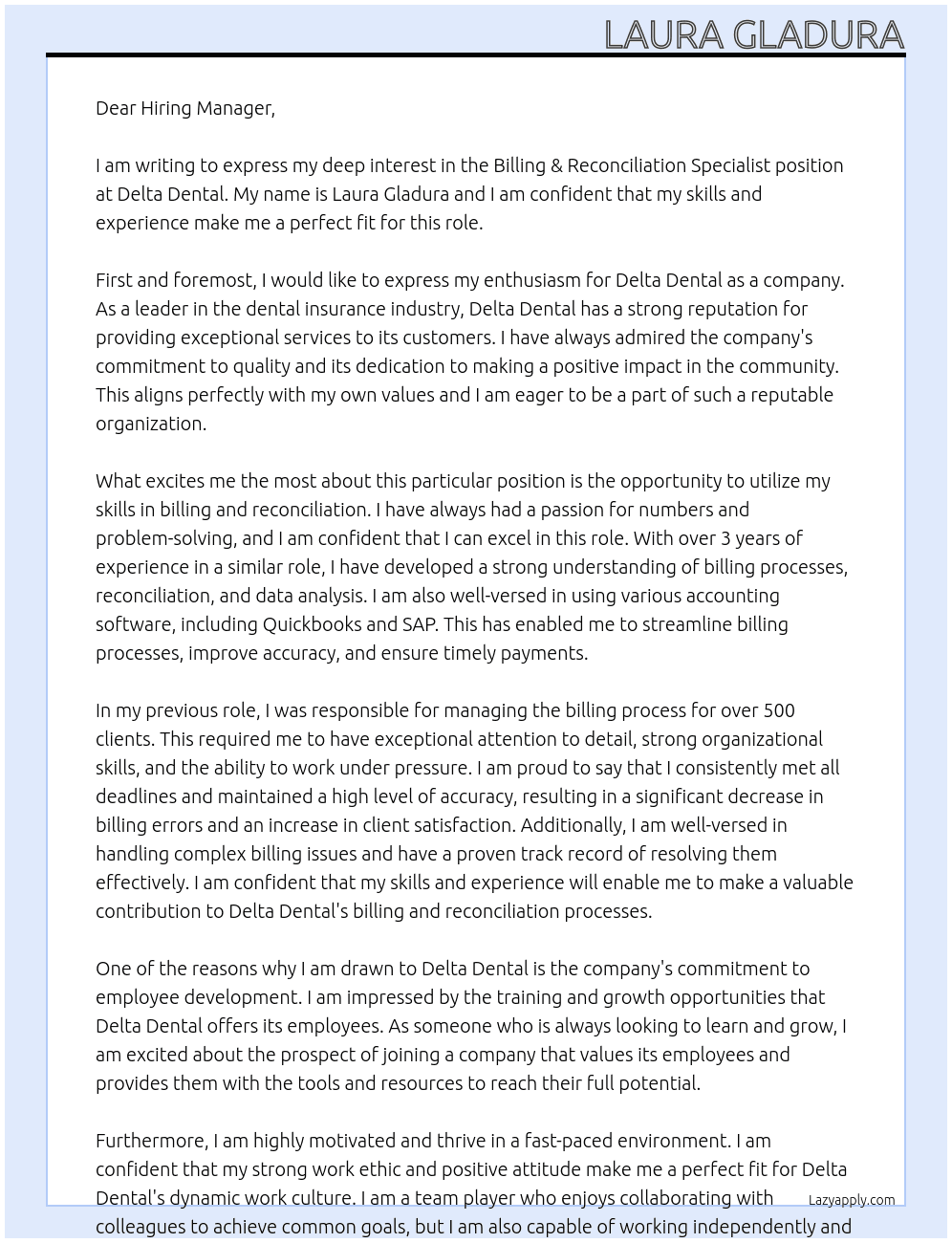 Billing & Reconciliation Specialist At Delta Dental Cover Letter