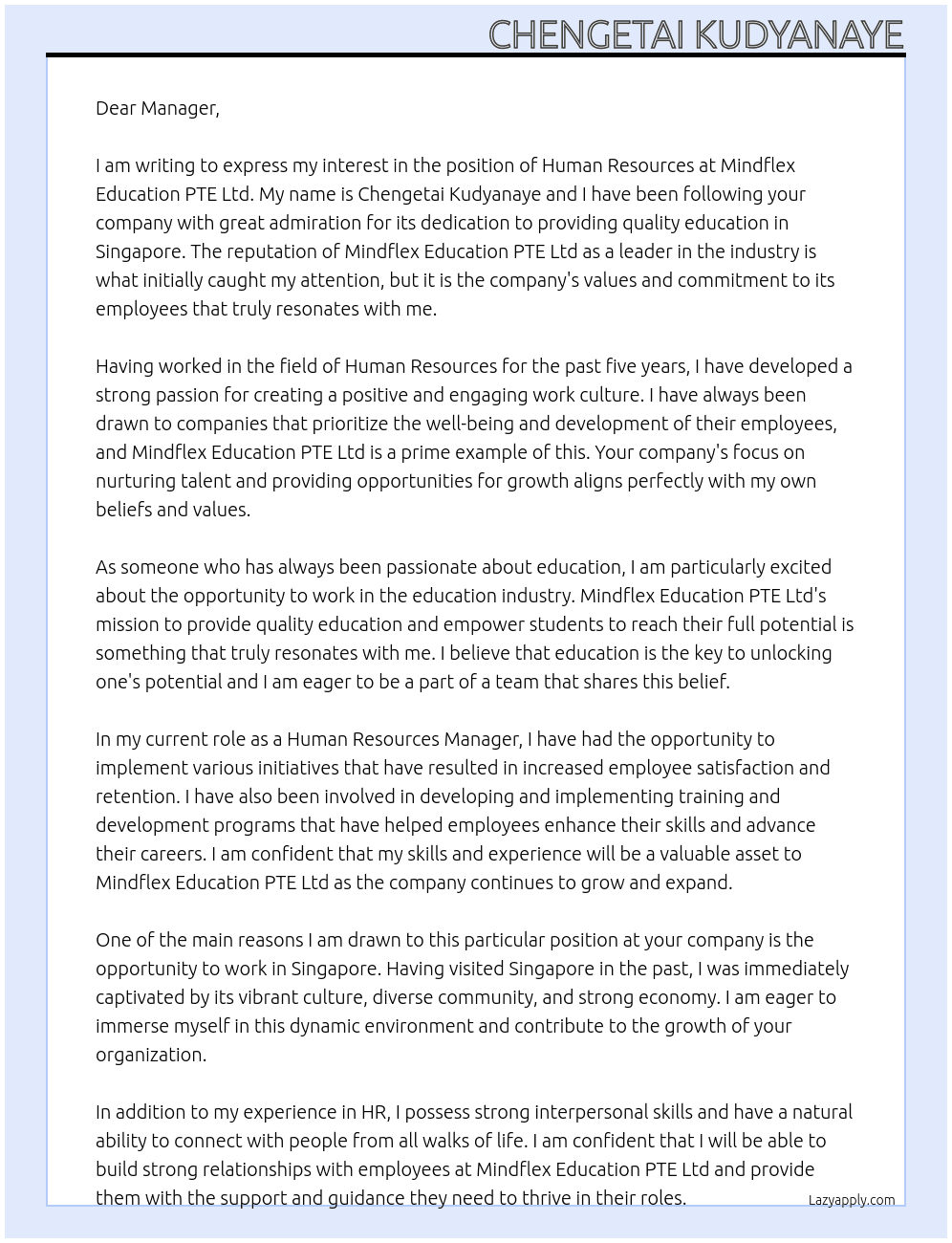 Human Resources  At Mindflex Education PTE ltd  Cover Letter
