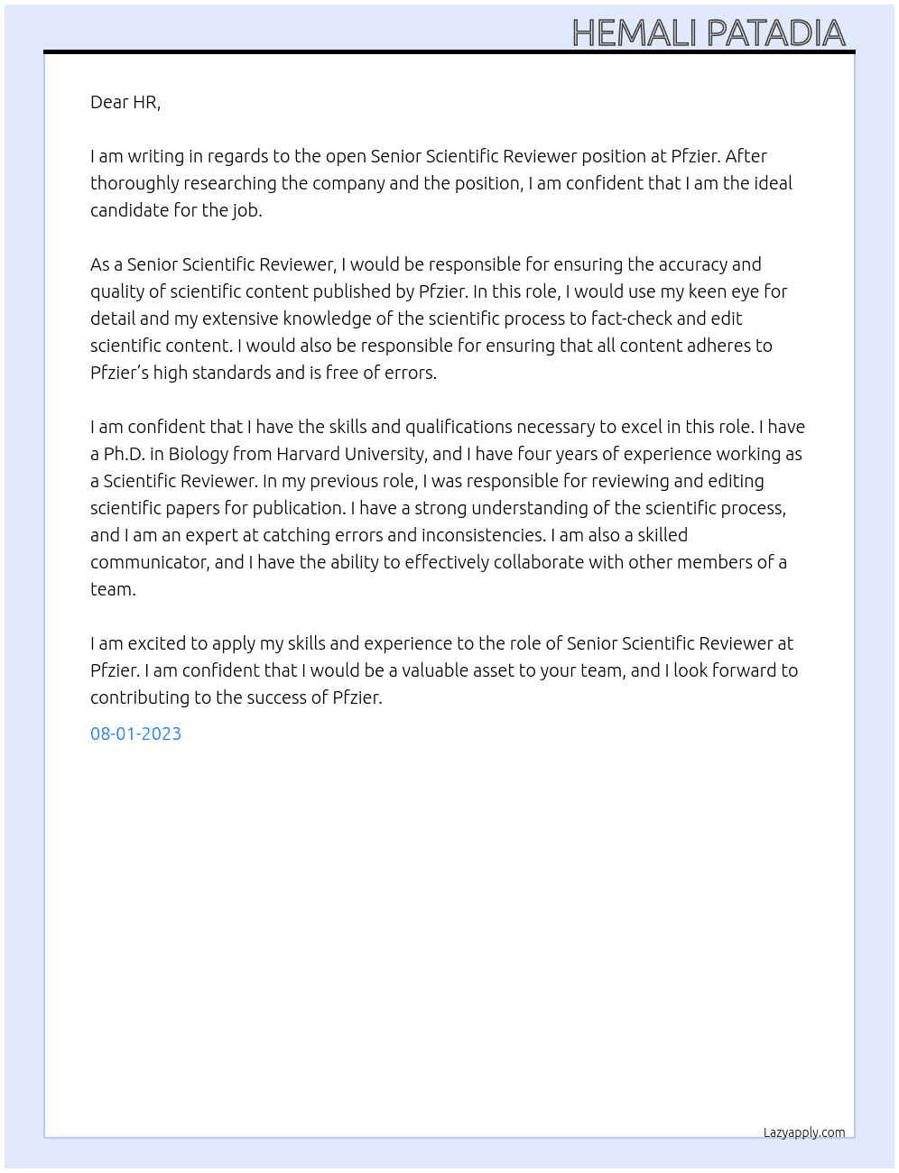 Senior Scientific Reviewer At Pfzier Cover Letter