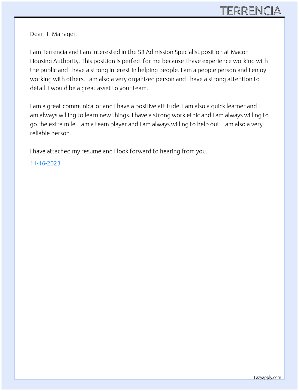 S8 Admission Specialist At Macon Housing Authority Cover Letter
