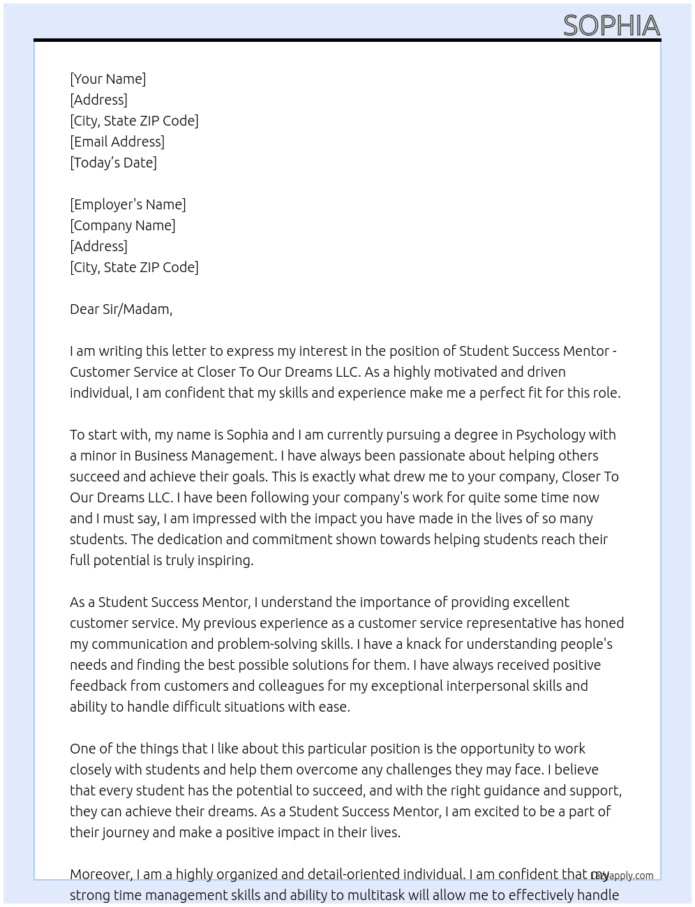 Student Success Mentor - Customer Service At Closer To Our Dreams LLC  Cover Letter