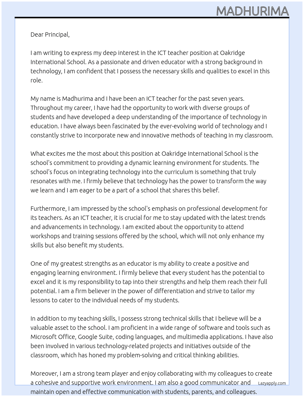 ICT teacher At Oakridge International school Cover Letter