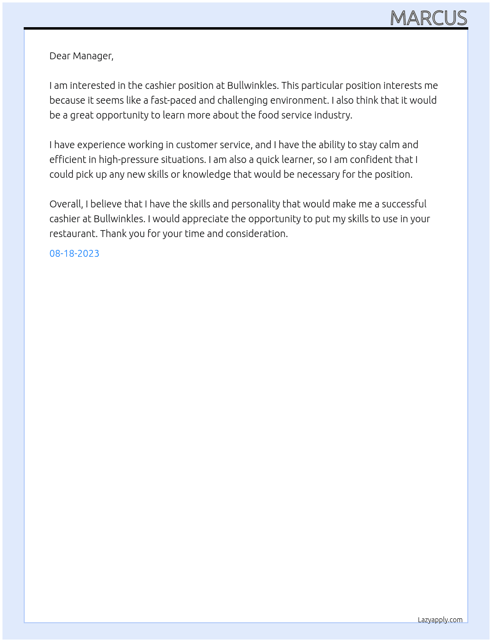 Cashier At Bullwinkles Cover Letter