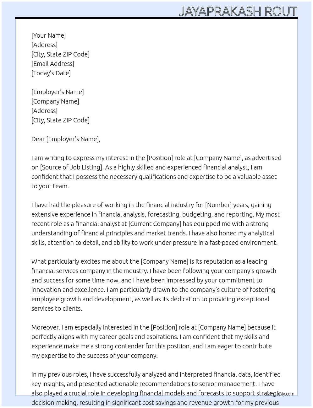 FINALCIAL ANALYST At E CLERX Cover Letter