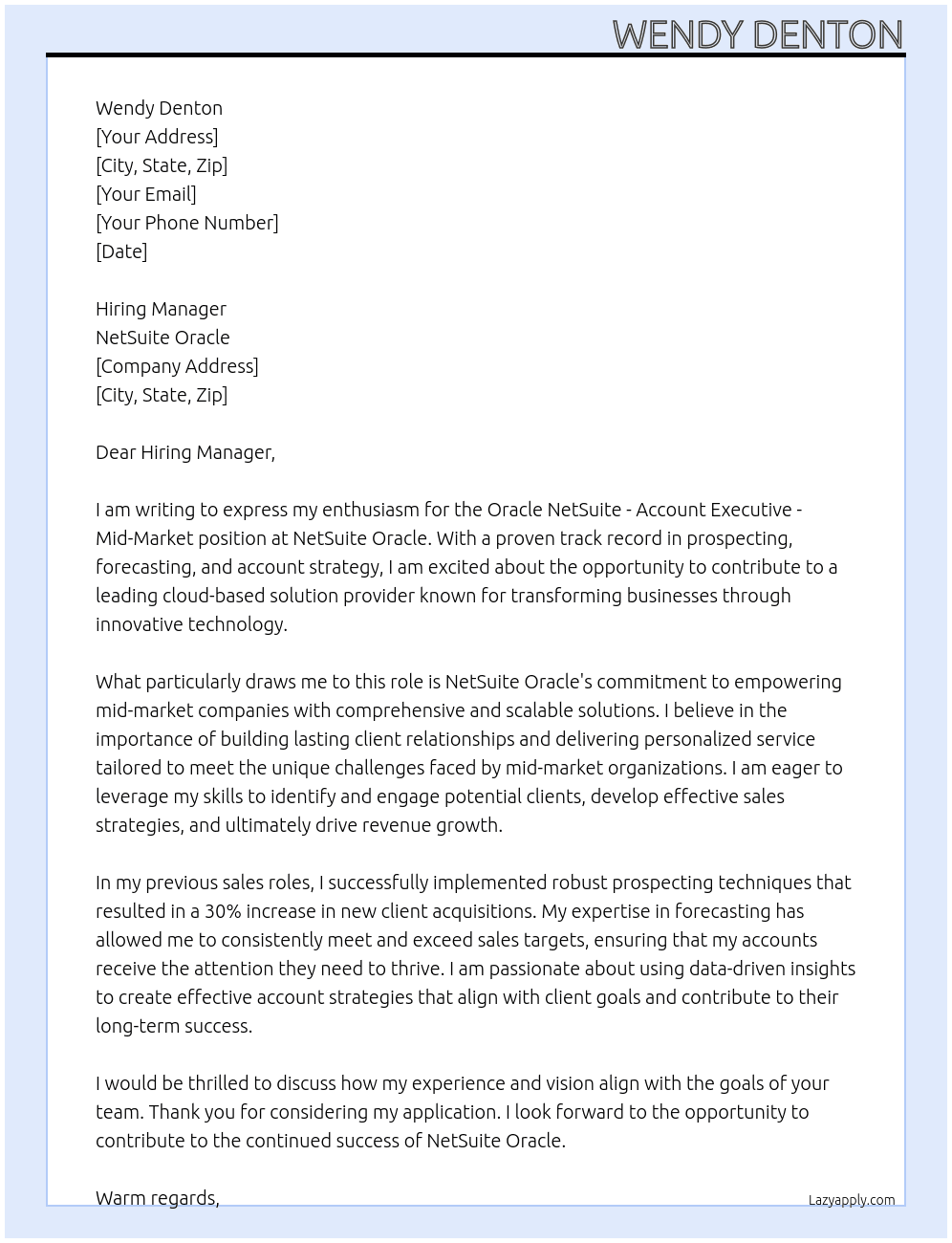 Oracle Netsuite - Account Executive - Mid-Market At Netsuite Oracle Cover Letter