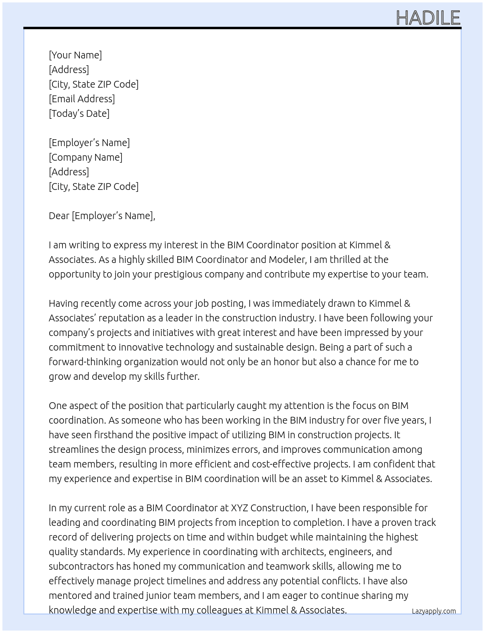 BIM Coordinator At Kimmel & Associates Cover Letter