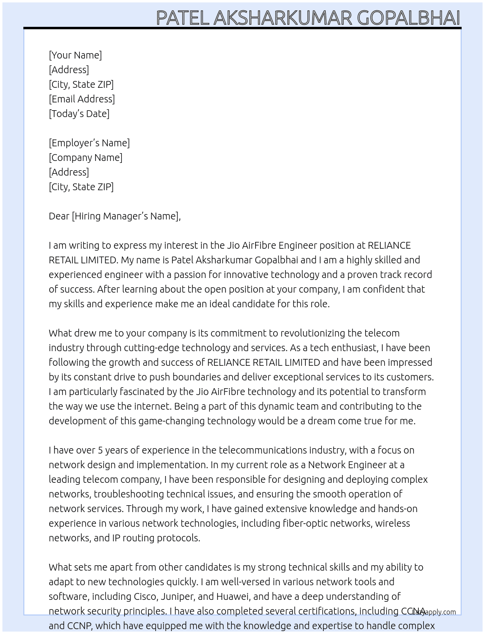 Jio AirFibre Engeneer At RELIANCE RETAIL LIMITED Cover Letter