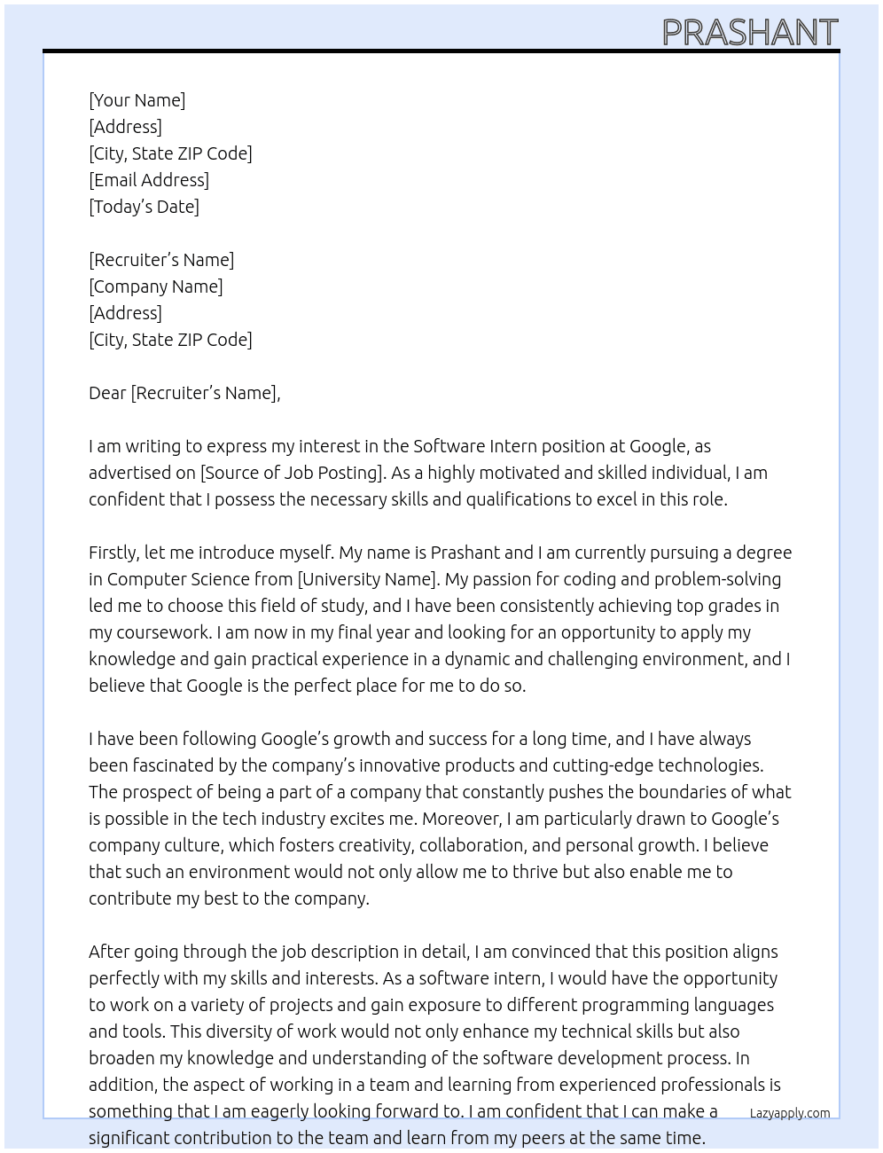 Software Intern At google Cover Letter