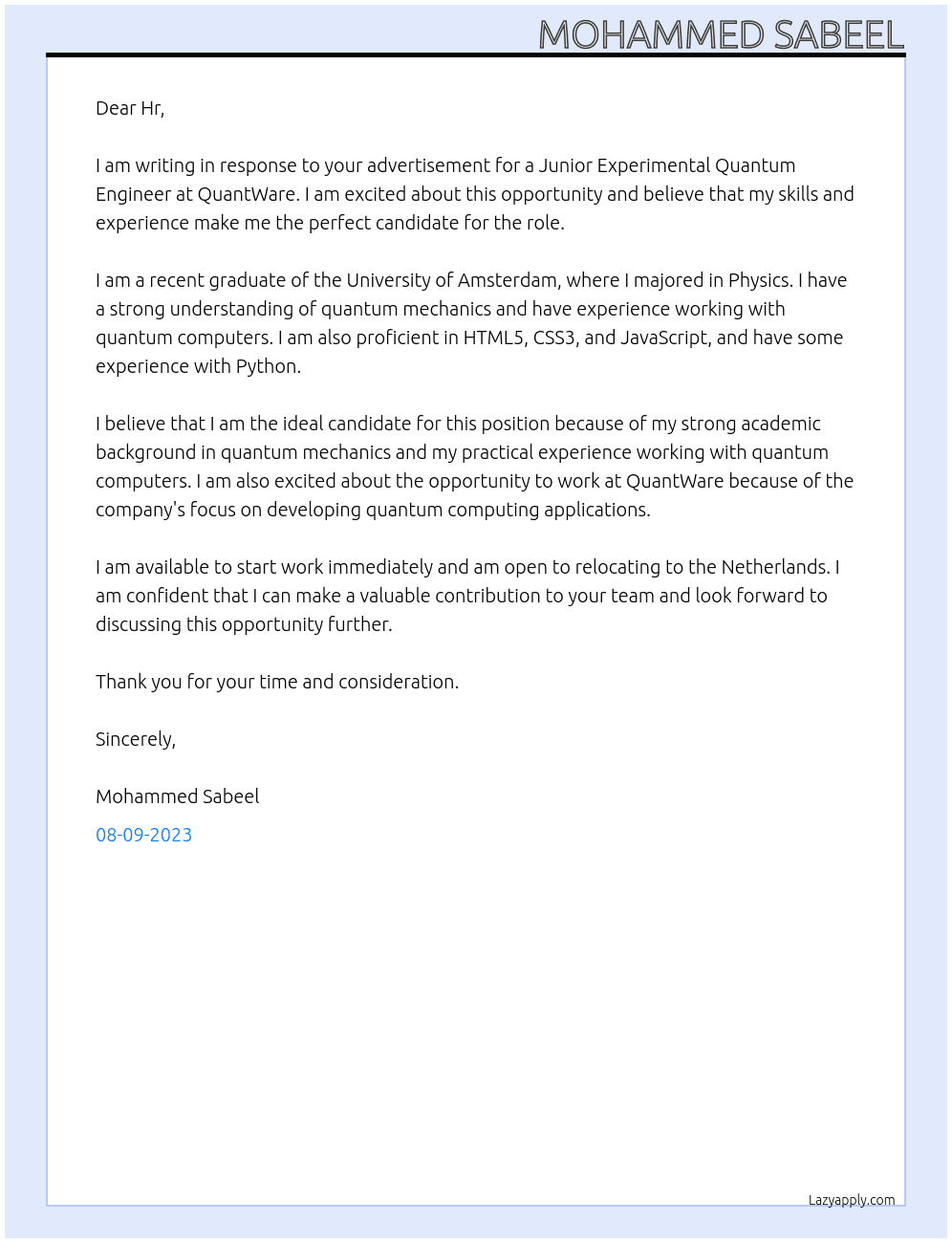 Junior Experimental Quantum Engineer At QuantWare  Cover Letter