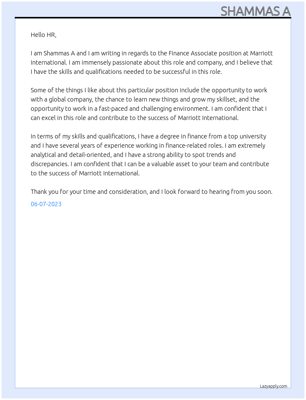 Finance Associate  At Marriott International  Cover Letter