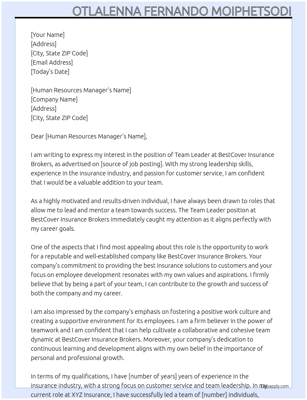 Team Leader At BestCover Insurance Brokers Cover Letter