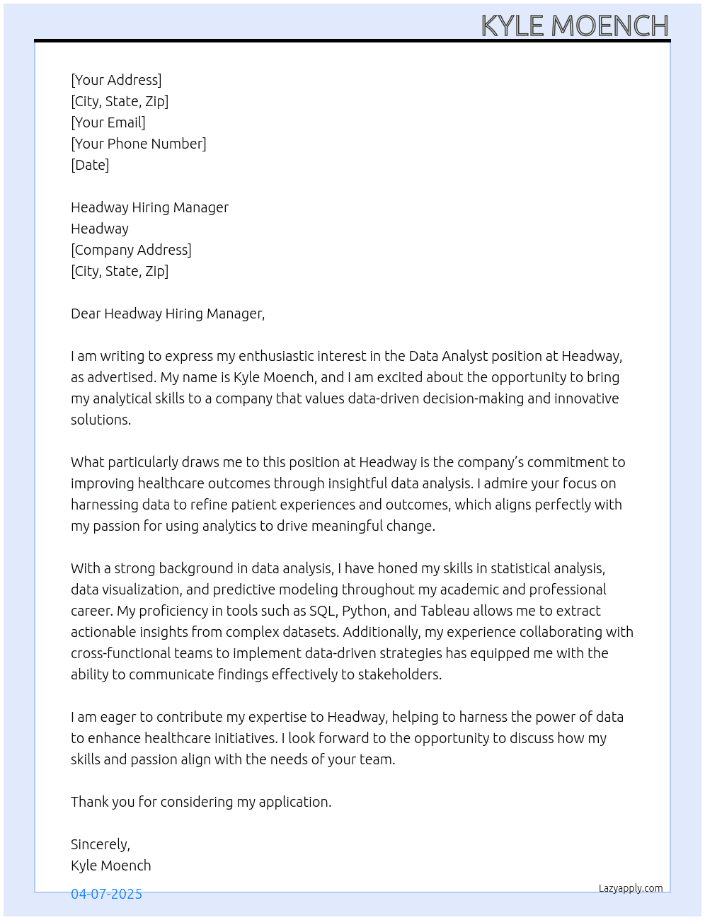 Data Analysts At Headway Cover Letter