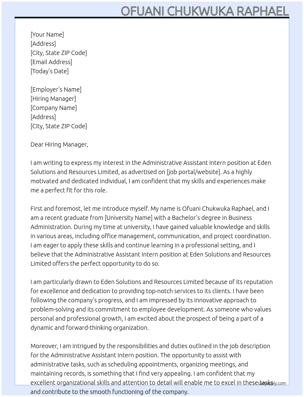 Administrative assistant intern At Eden Solutions and Resources Limited Cover Letter