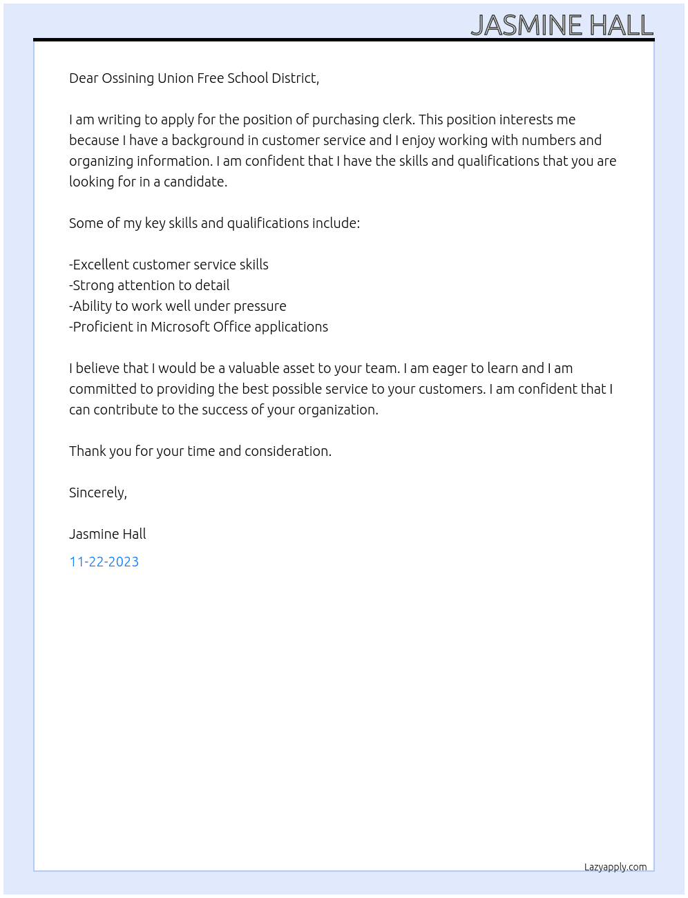 Purchasing clerk At Ossining Union Free School District Cover Letter