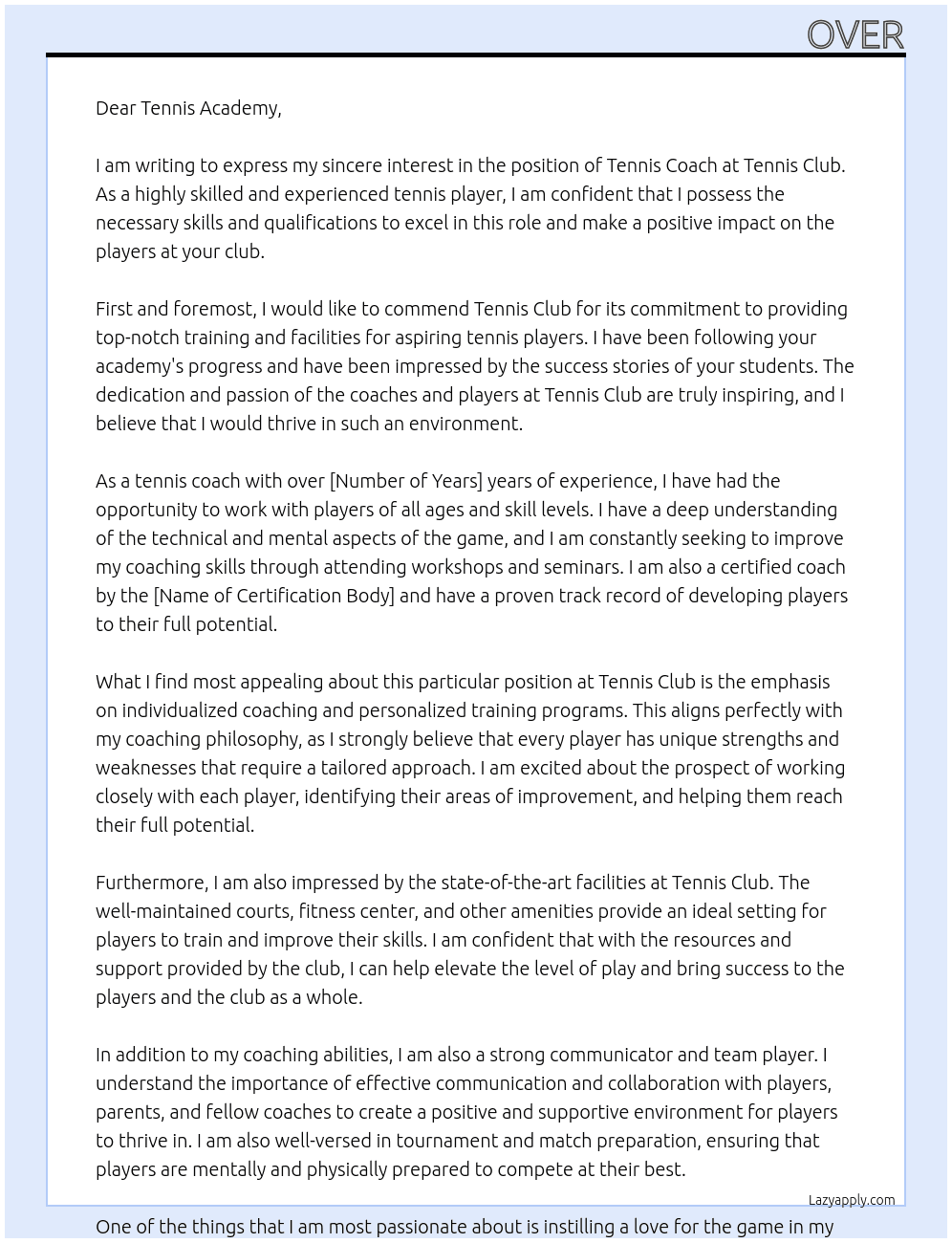Tennis coach At tennis club Cover Letter