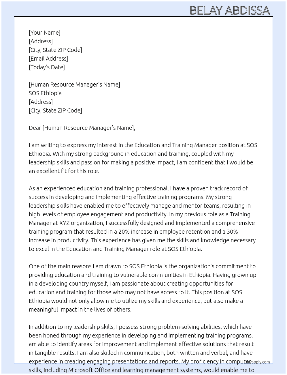 Education and Training Manager At SOS Ethiopia Cover Letter