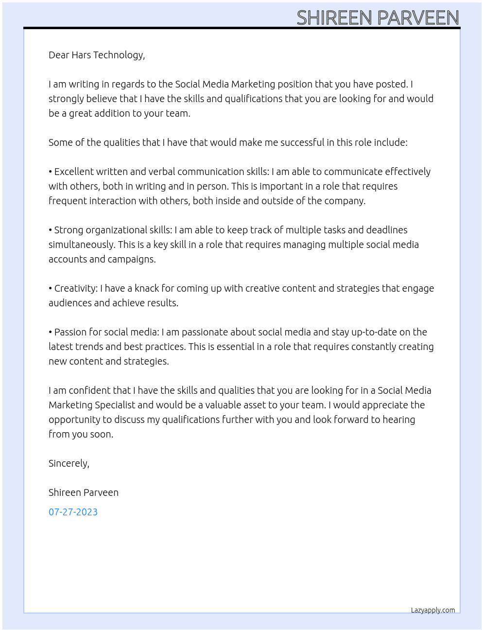 Social Media Marketing  At Hars Technology Cover Letter