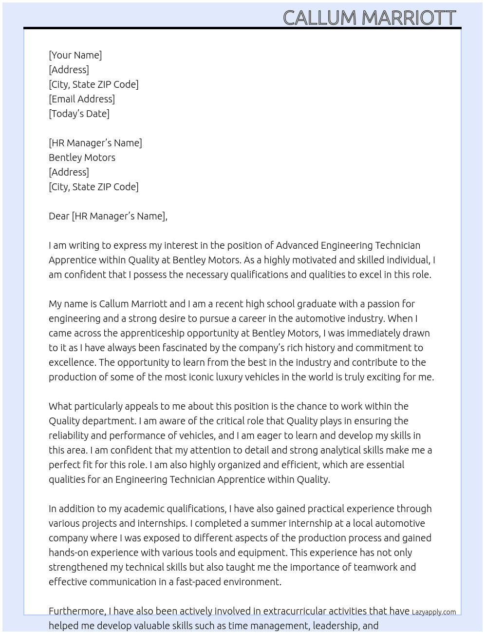 Advanced Engineering Technician Apprentice Within Quality At Bentley motors Cover Letter