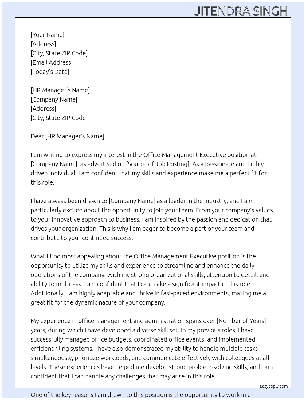 Office Management executive  At MNC company  Cover Letter