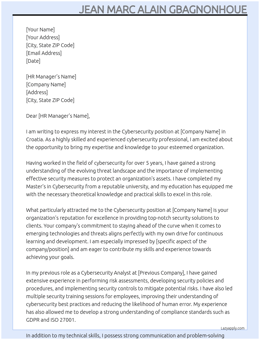 Cybersecurity  At Croatia  Cover Letter
