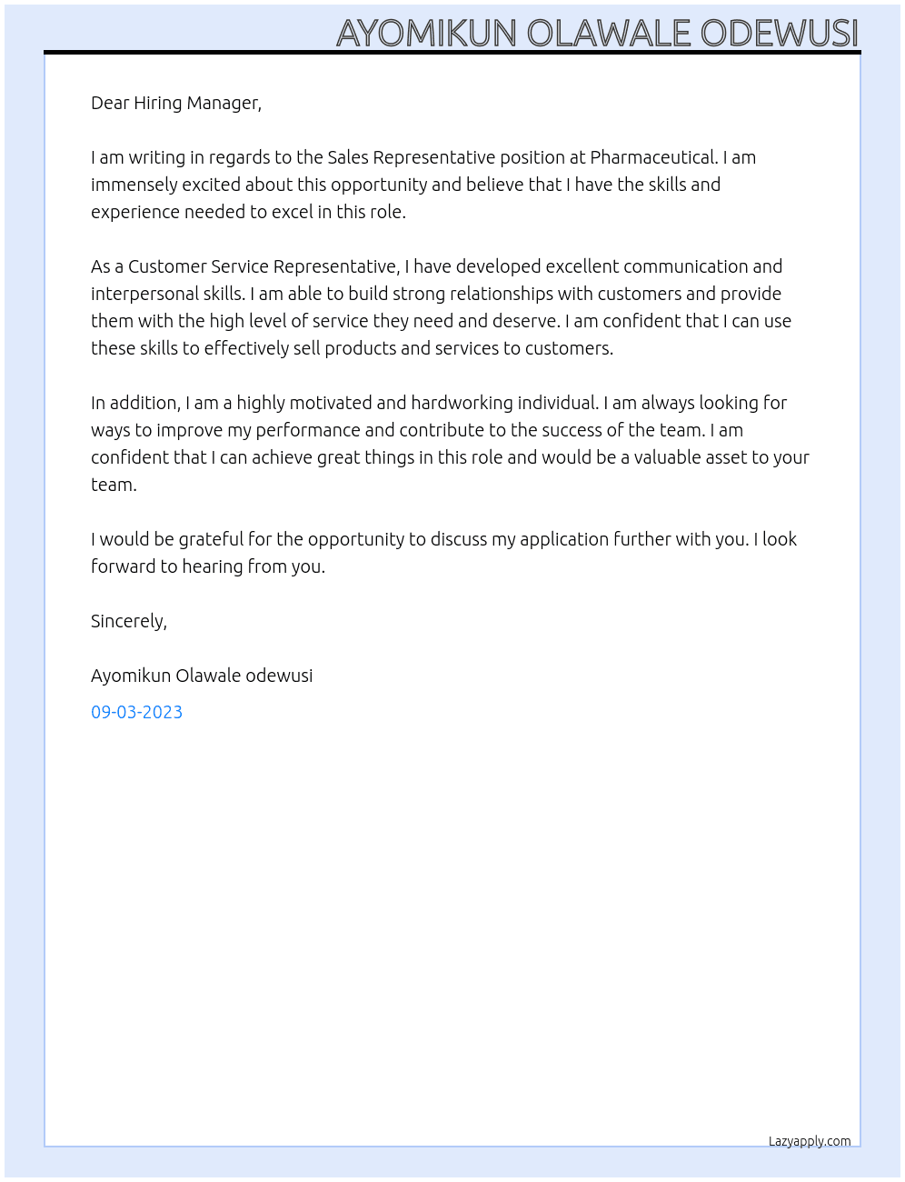 Sales representative At Pharmaceutical Cover Letter