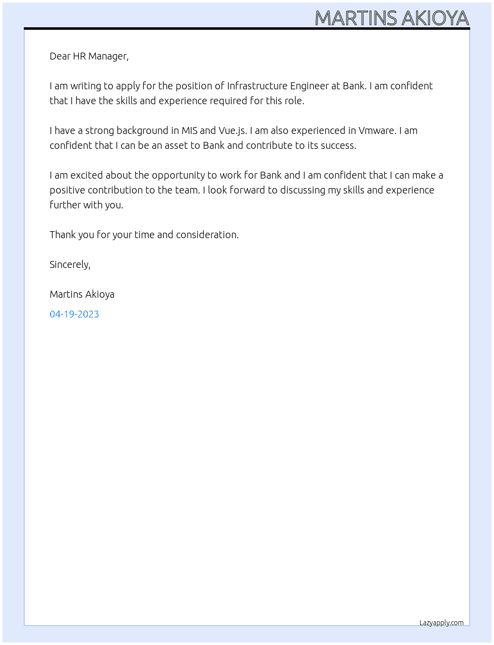 Infrastructure Engineer At Bank Cover Letter