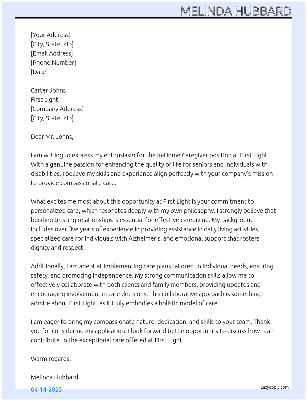 In home caregiver At First light Cover Letter