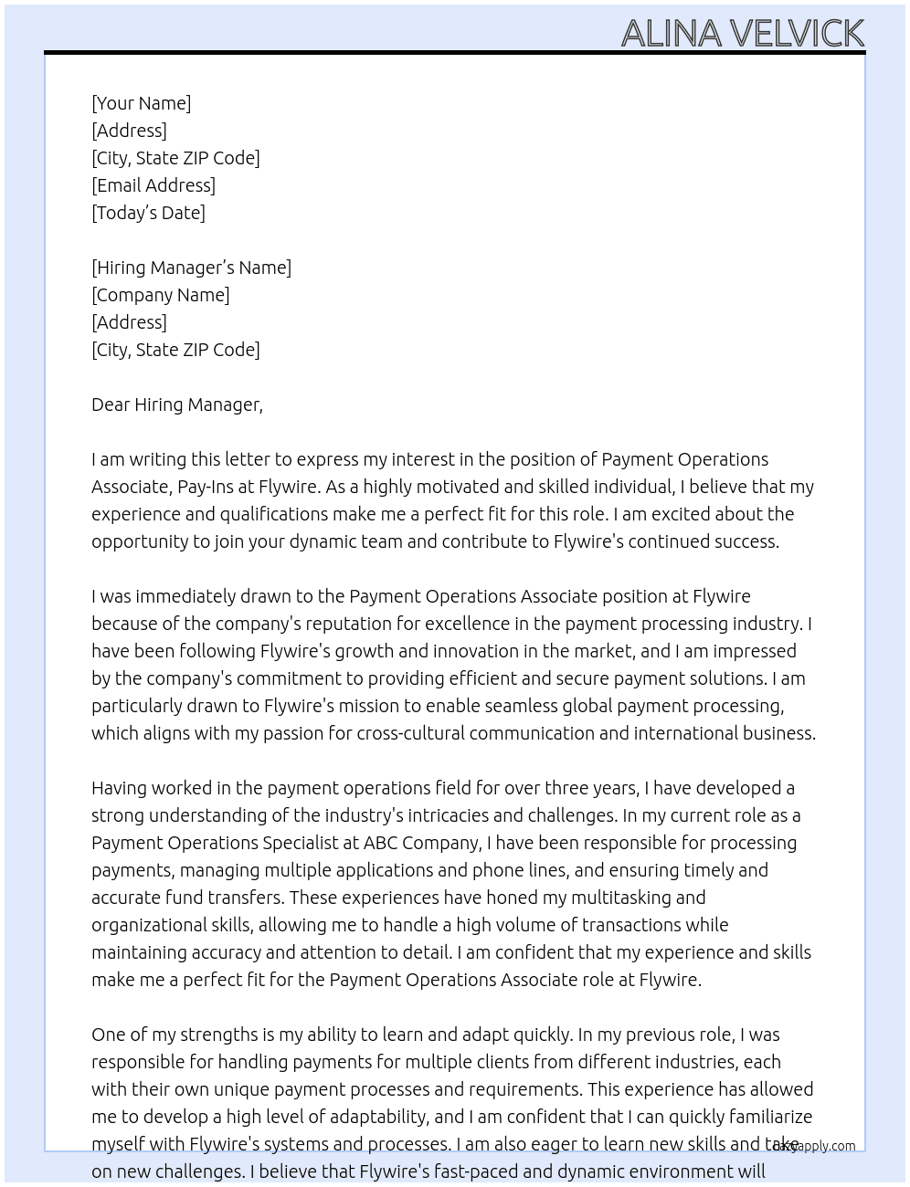Payment Operations Associate, Pay-Ins At Flywire Cover Letter