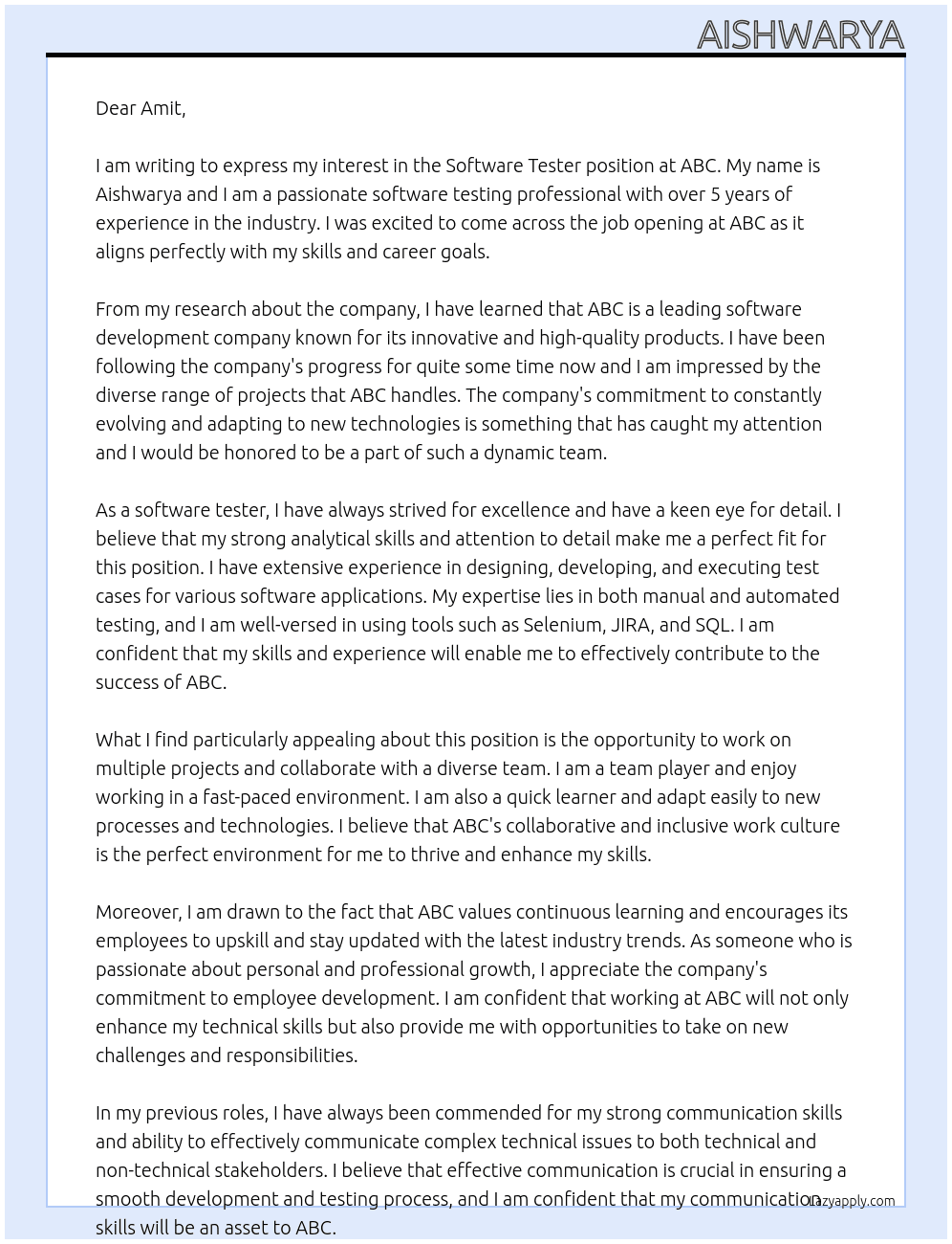 Software Tester At ABC Cover Letter