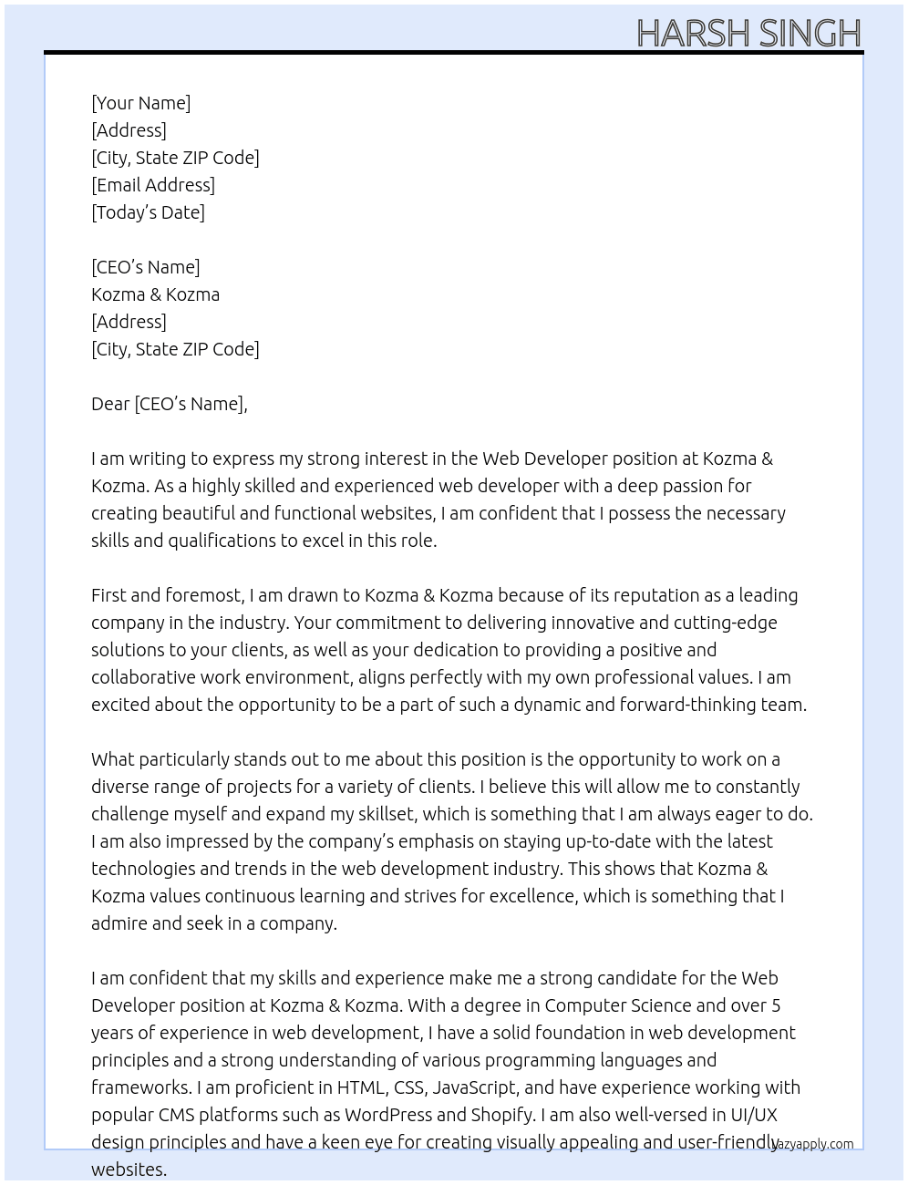Web developer At Kozma & Kozma Cover Letter