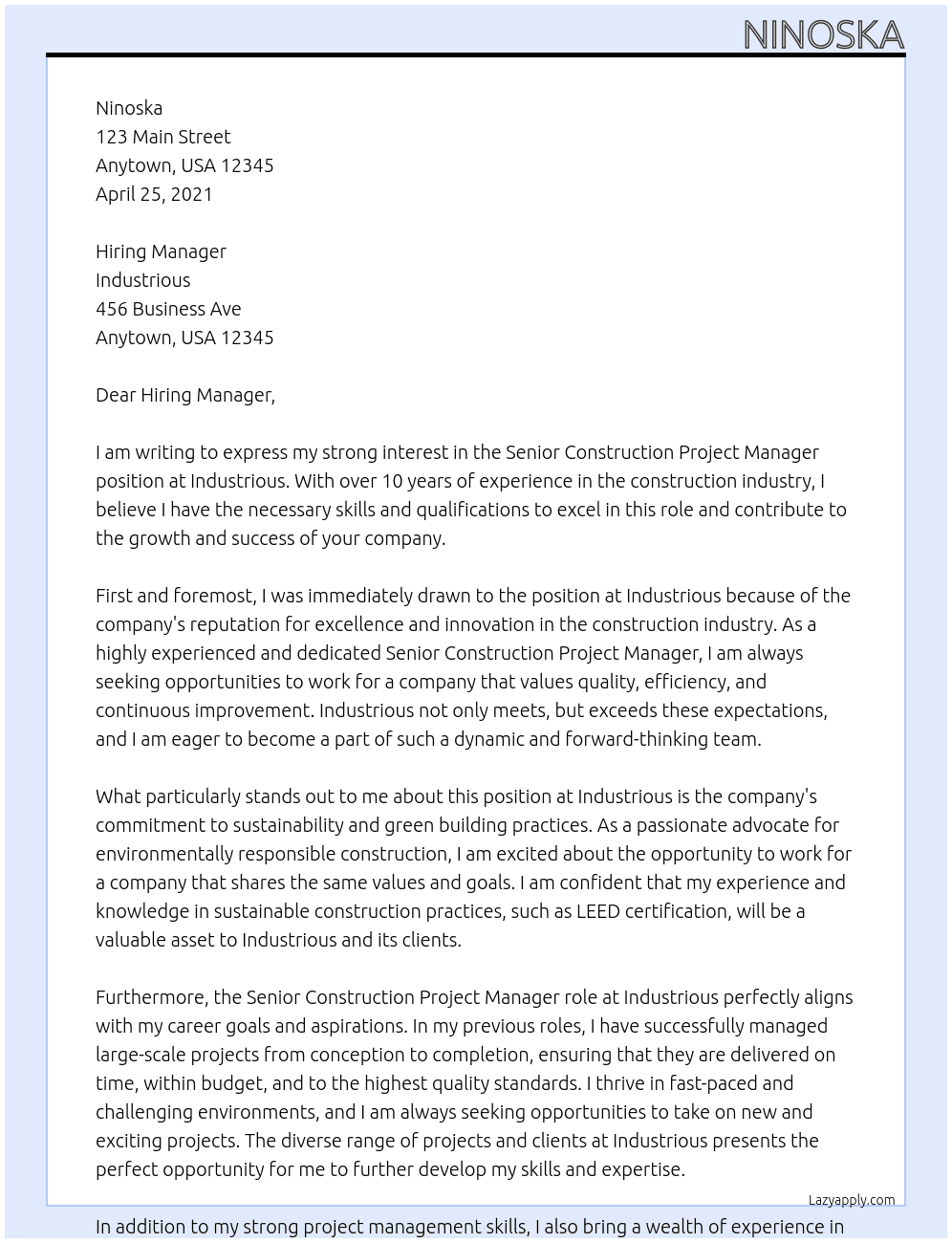 Senior Construction Project Manager At Industrious Cover Letter