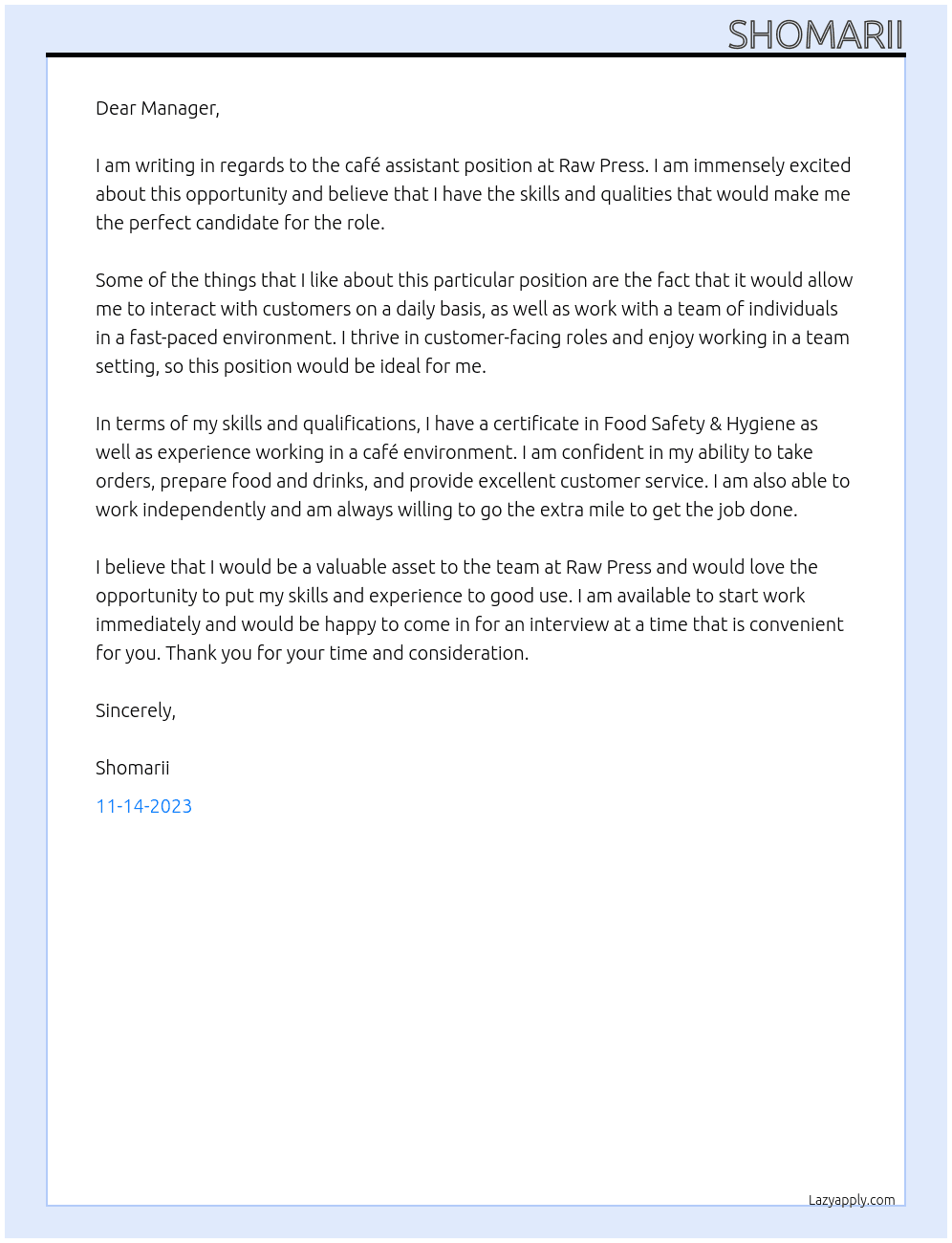 Café assistant At Raw press Cover Letter