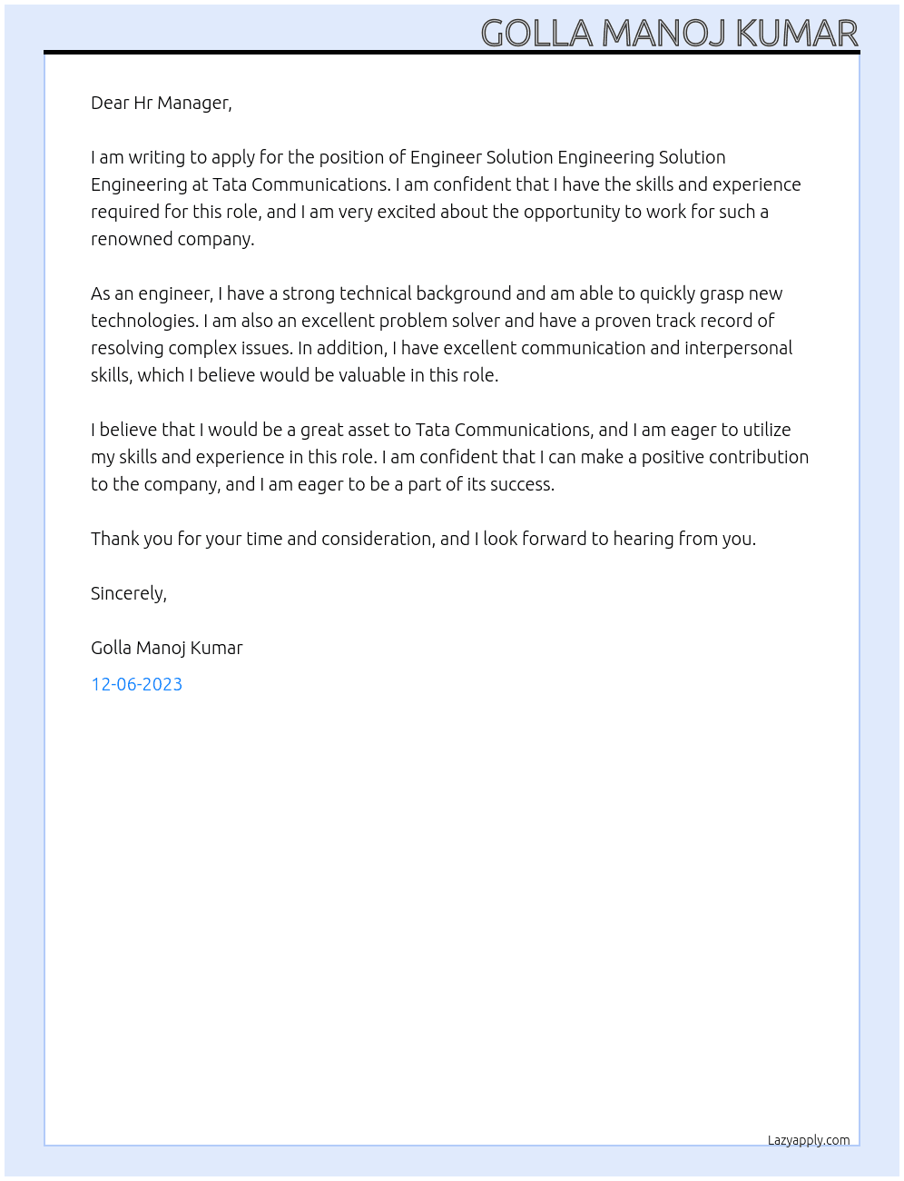 Engineer Solution Engineering Solution Engineering At   Tata Communications Cover Letter