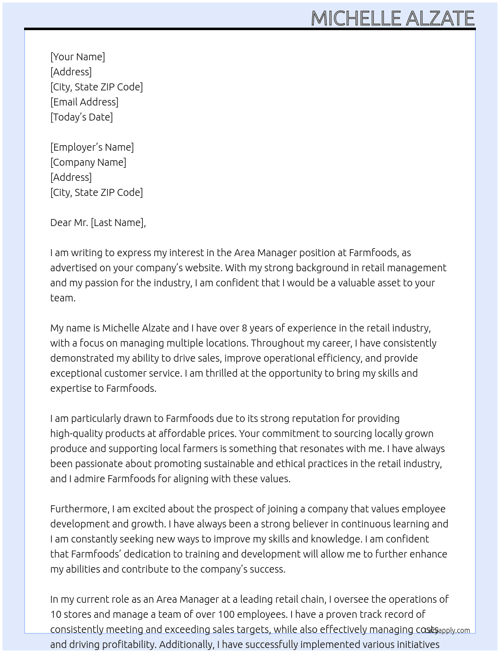Area manager At Farmfoods Cover Letter