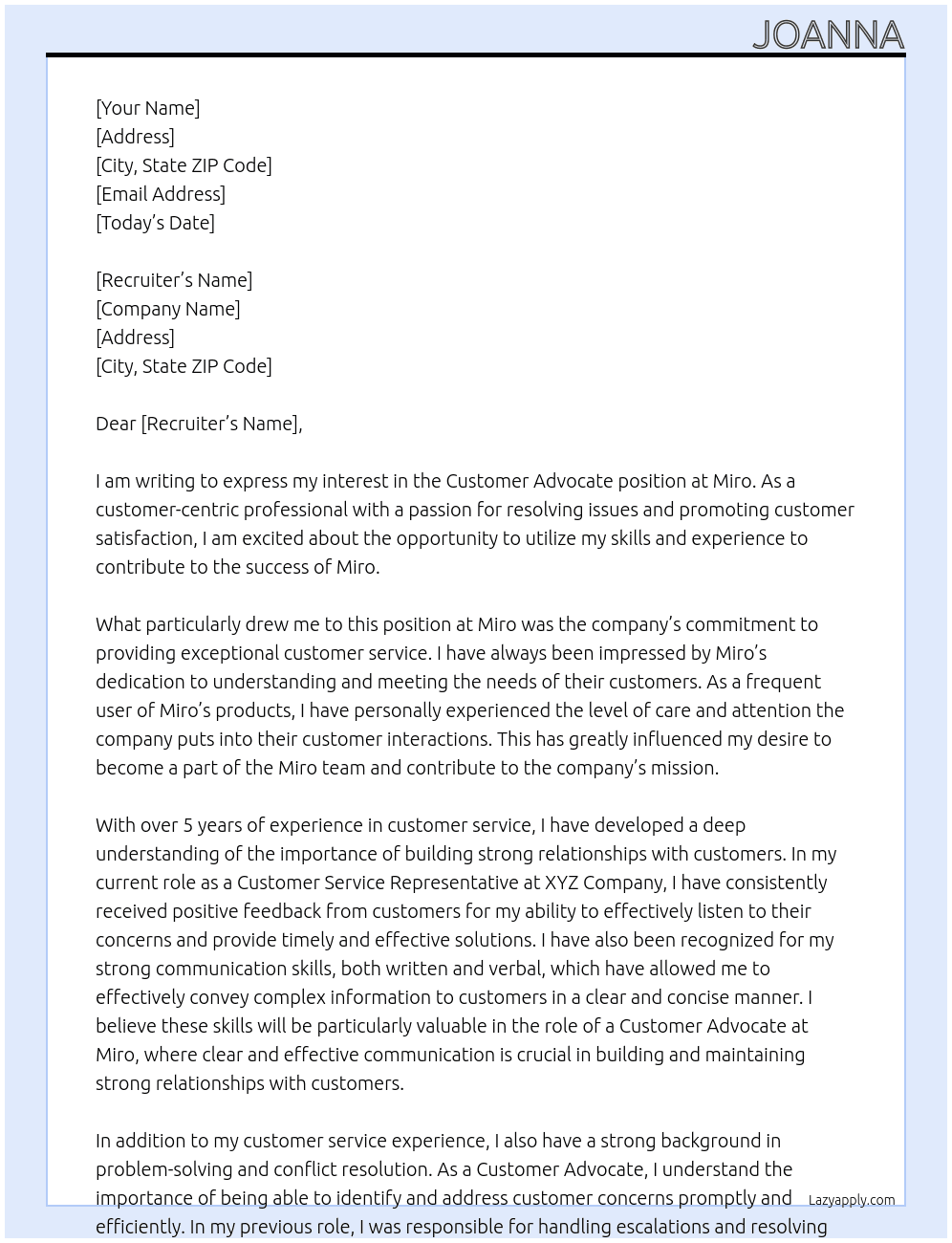 customer advocate At miro Cover Letter