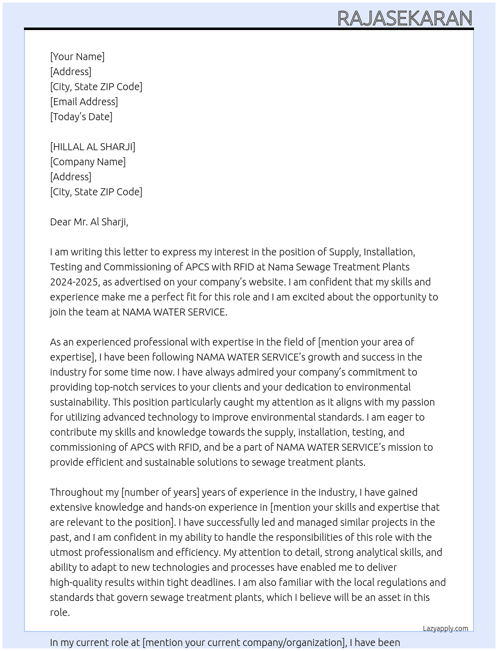 Supply, Installation, Testing and Commissioning of APCS with RFID at Nama Sewage Treatment Plants 2024-2025 At NAMA WATER SERVICE Cover Letter