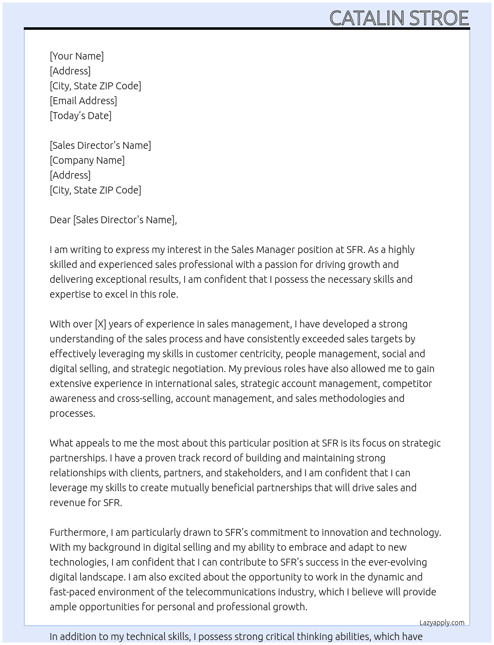 Sales manager At SFR Cover Letter