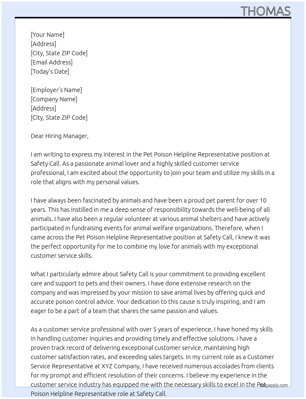 Pet Poison Helpline Representative At Safety Call Cover Letter