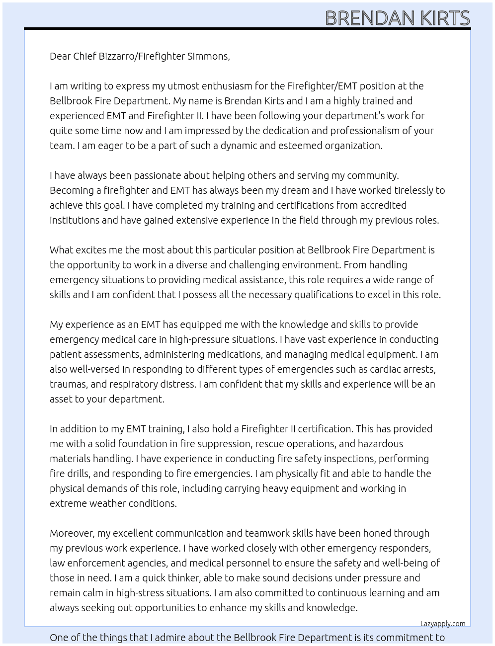 Firefighter/EMT At Bellbrook Fire Department  Cover Letter